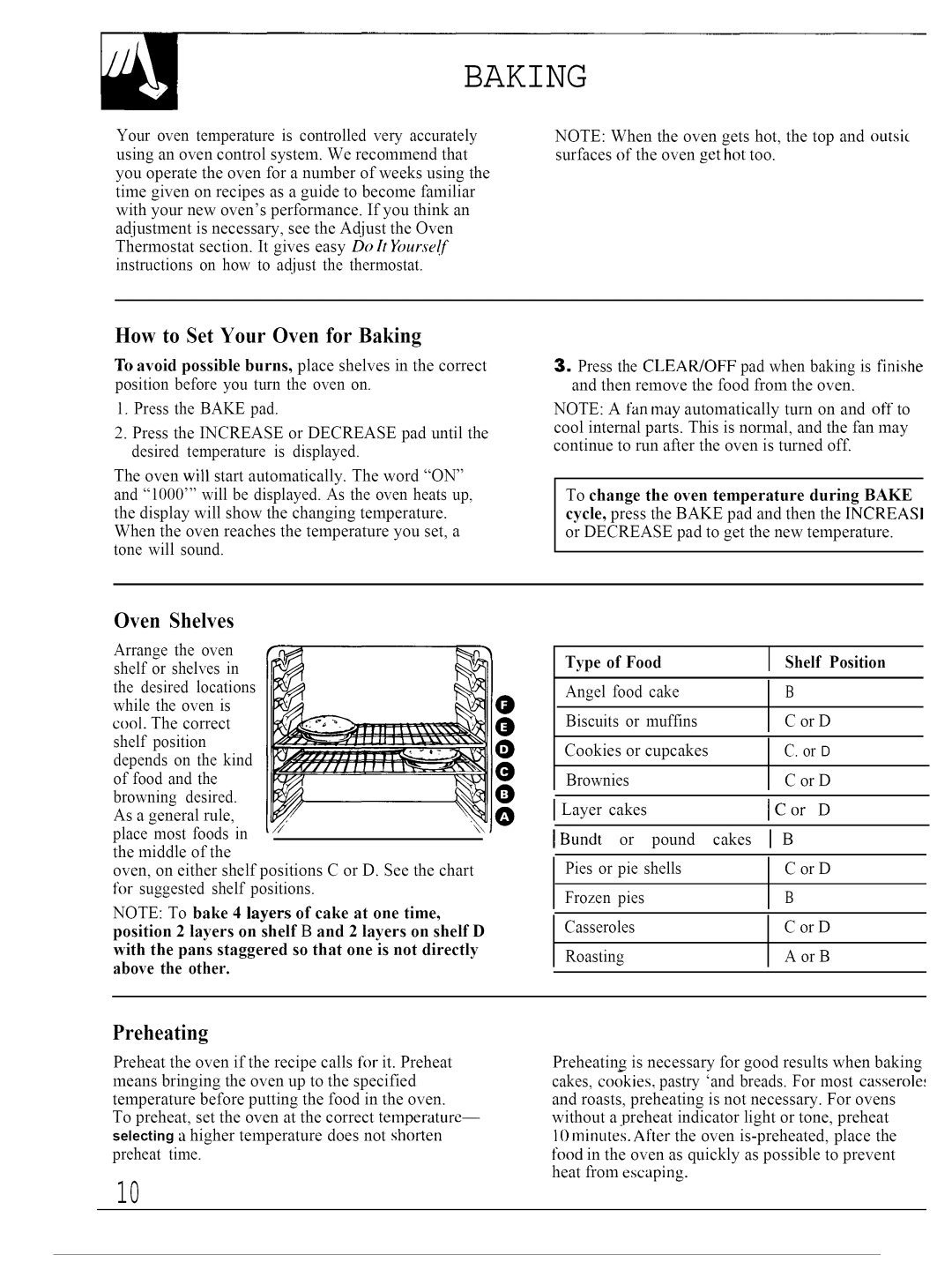 GE JTP13 How to Set Your Oven for Baking, Oven Shelves, Preheating, To change the oven temperature during Bake, Food 