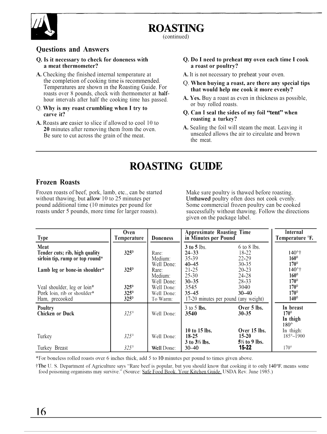 GE JTP13, JTP14 warranty Roasting Guide, Questions and Answers, Frozen Roasts 