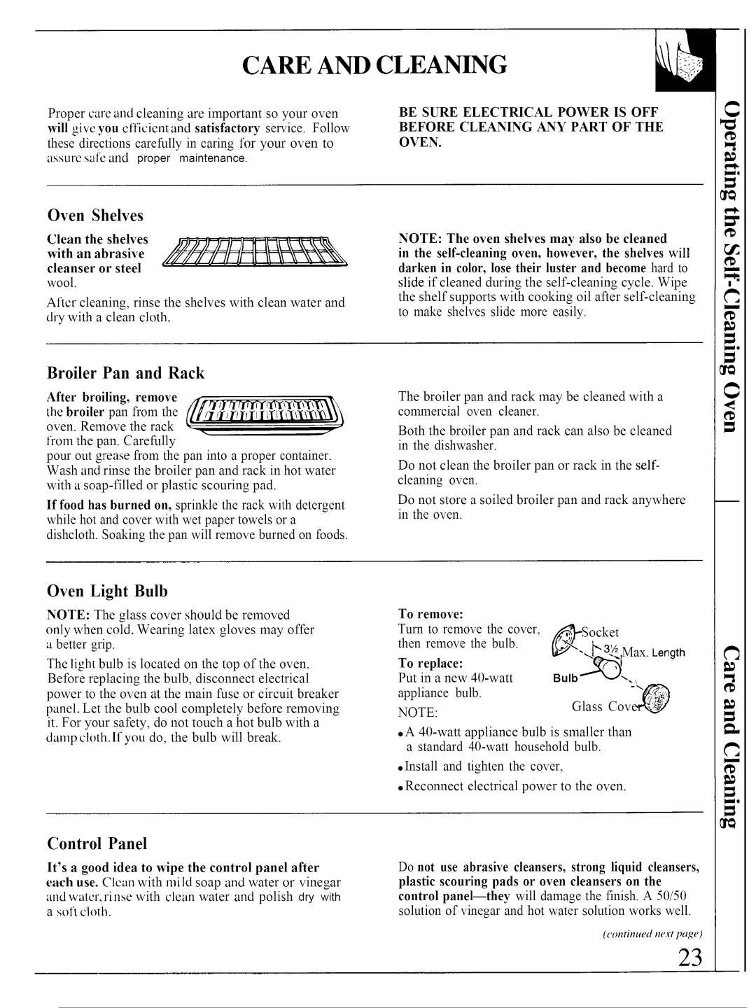 GE JTP14, JTP13 warranty Care and Cleaning, Oven Shelves, Broiler Pan and Rack, Oven Light Bulb, Control Panel 