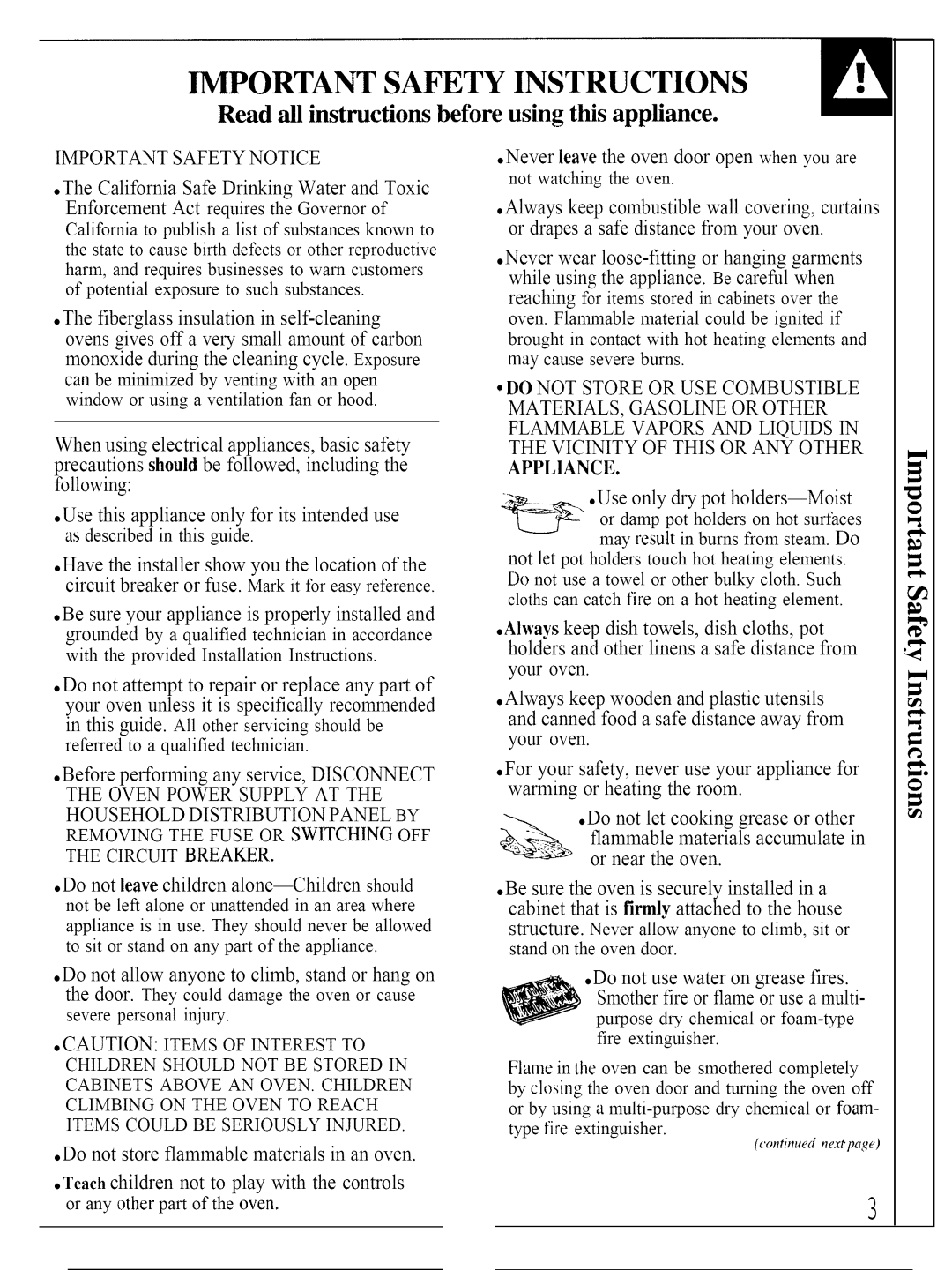 GE JTP14, JTP13 warranty Important Safety Instructions, Do not store flammable materials in an oven, May cause severe burns 