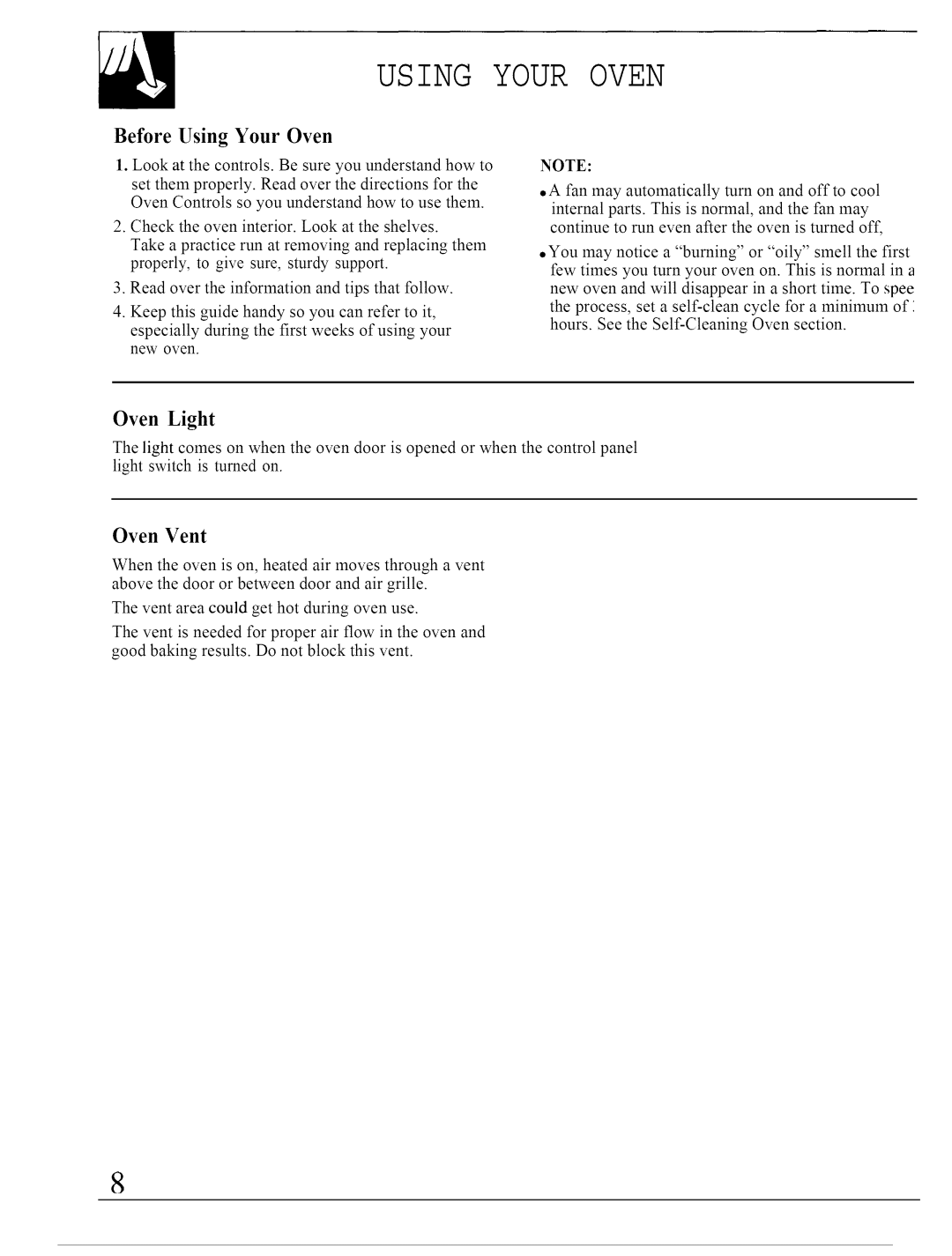 GE JTP13, JTP14 warranty Oven Light, Oven Vent, Read over the information and tips that follow 