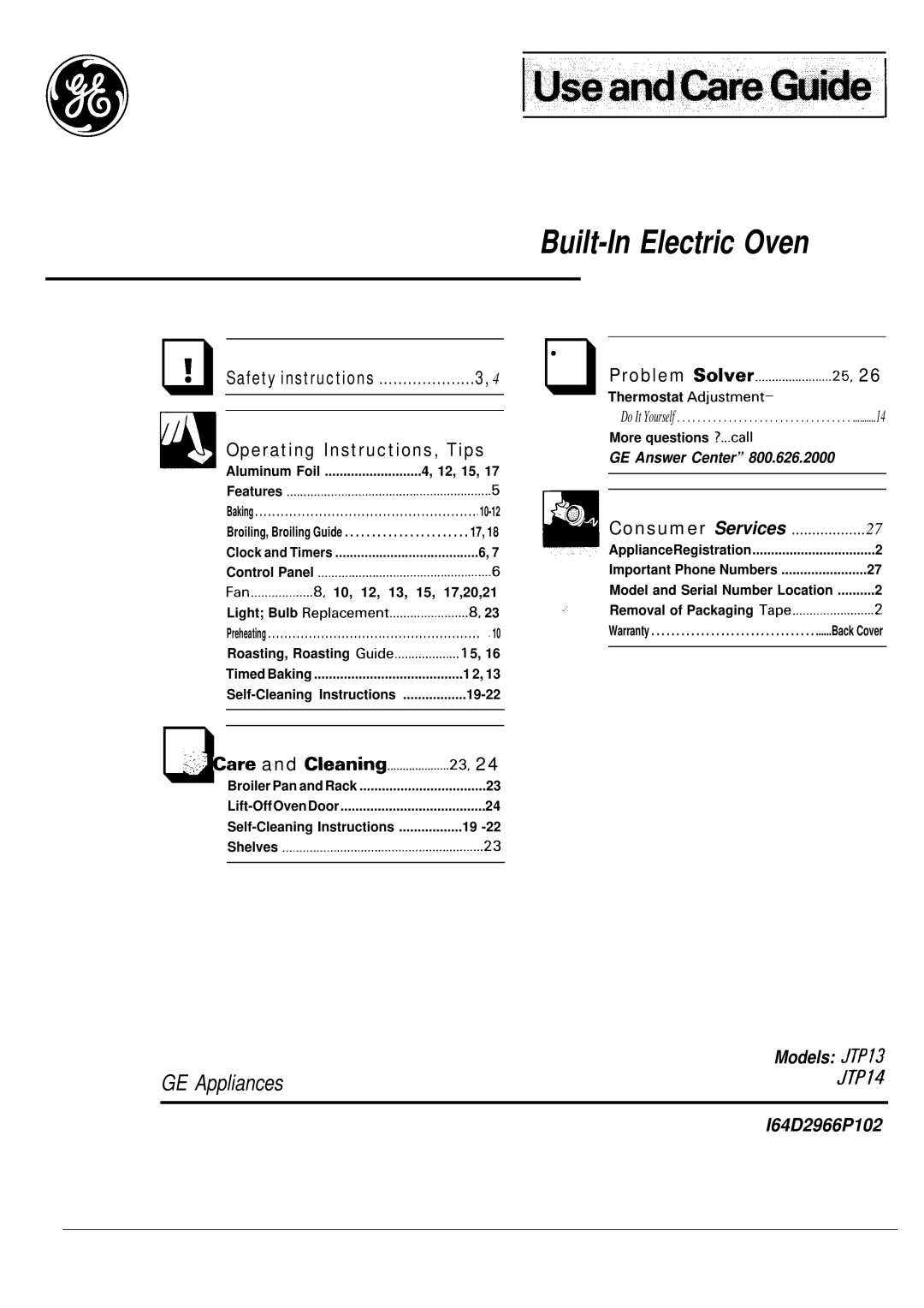 GE JTP14, JTP13 warranty Built-In Electric Oven 