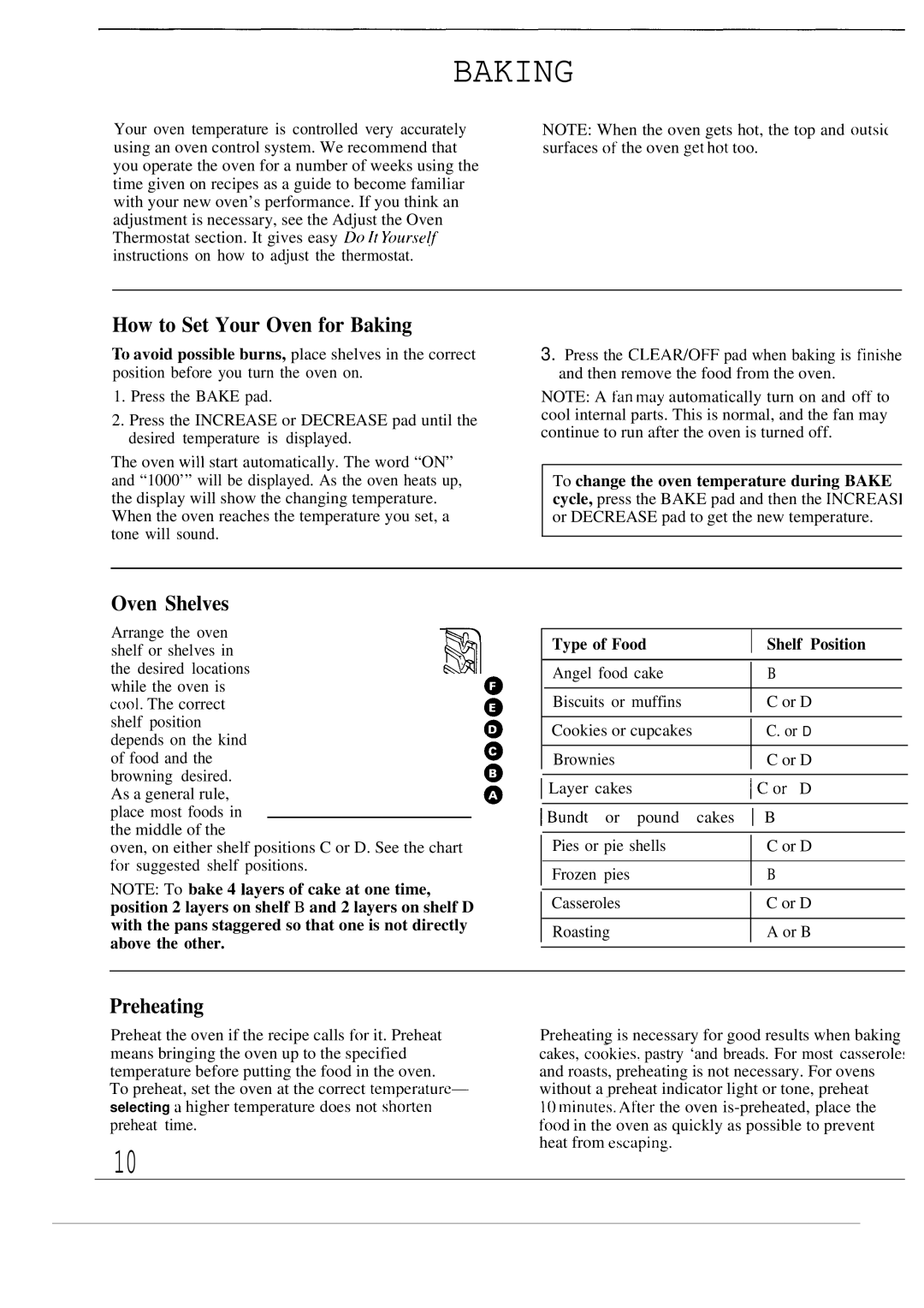 GE JTP13, JTP14 warranty How to Set Your Oven for Baking, Oven Shelves, Preheating, Type of Food Shelf Position 