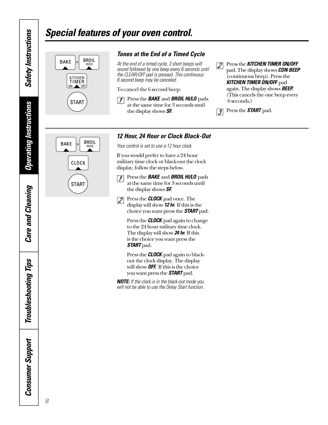 GE JTP15CDCC, JTP15BDBB Instructions Safety, Tones at the End of a Timed Cycle, Hour, 24 Hour or Clock Black-Out 