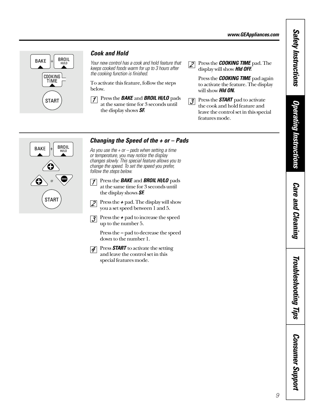 GE JTP15BDBB, JTP15CDCC, JTP15SDSS, JTP15WDWW owner manual Safety, Cook and Hold, Changing the Speed of the + or Pads 