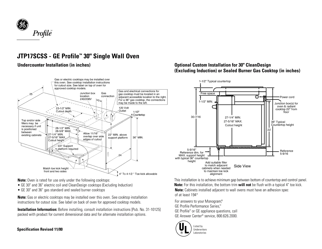 GE installation instructions JTP17SCSS GE Profile 30 Single Wall Oven, Specification Revised 11/00 