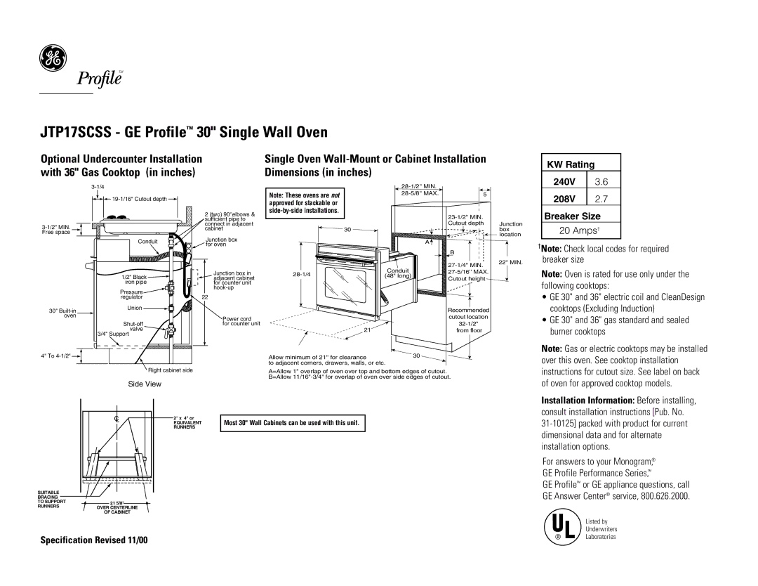 GE JTP17SCSS Optional Undercounter Installation, With 36 Gas Cooktop in inches Dimensions in inches, KW Rating 