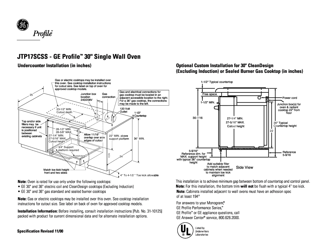 GE installation instructions JTP17SCSS - GE Profile 30 Single Wall Oven, Undercounter Installation in inches, Side View 