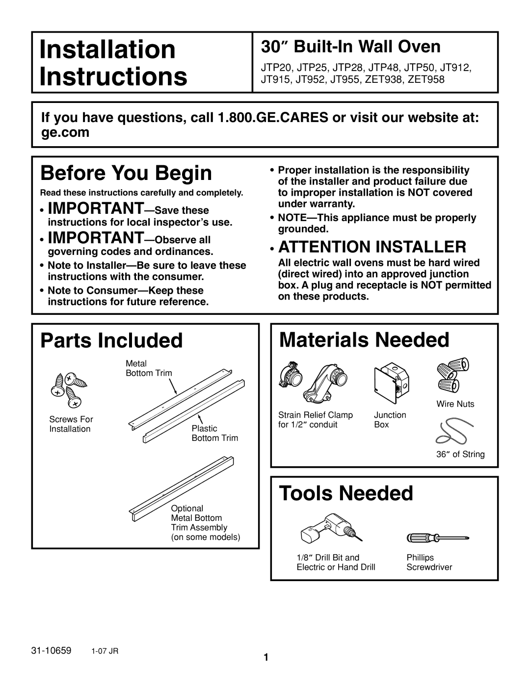 GE JTP20 installation instructions Installation 