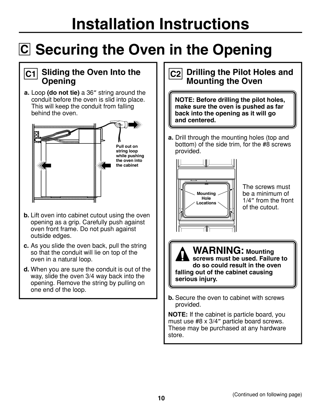 GE JTP20 installation instructions Securing the Oven in the Opening, C1 Sliding the Oven Into the Opening 