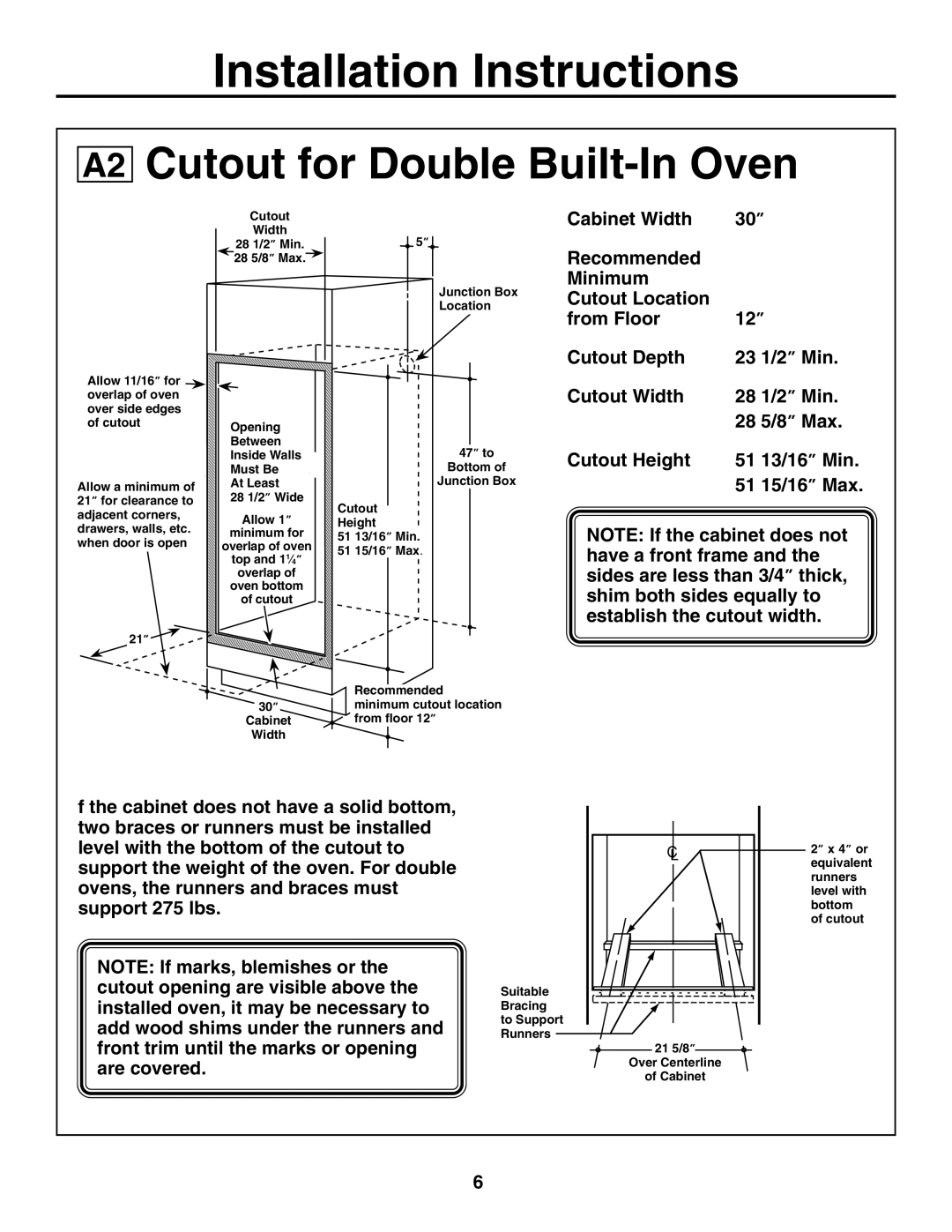 GE JTP20 installation instructions Cutout for Double Built-In Oven 