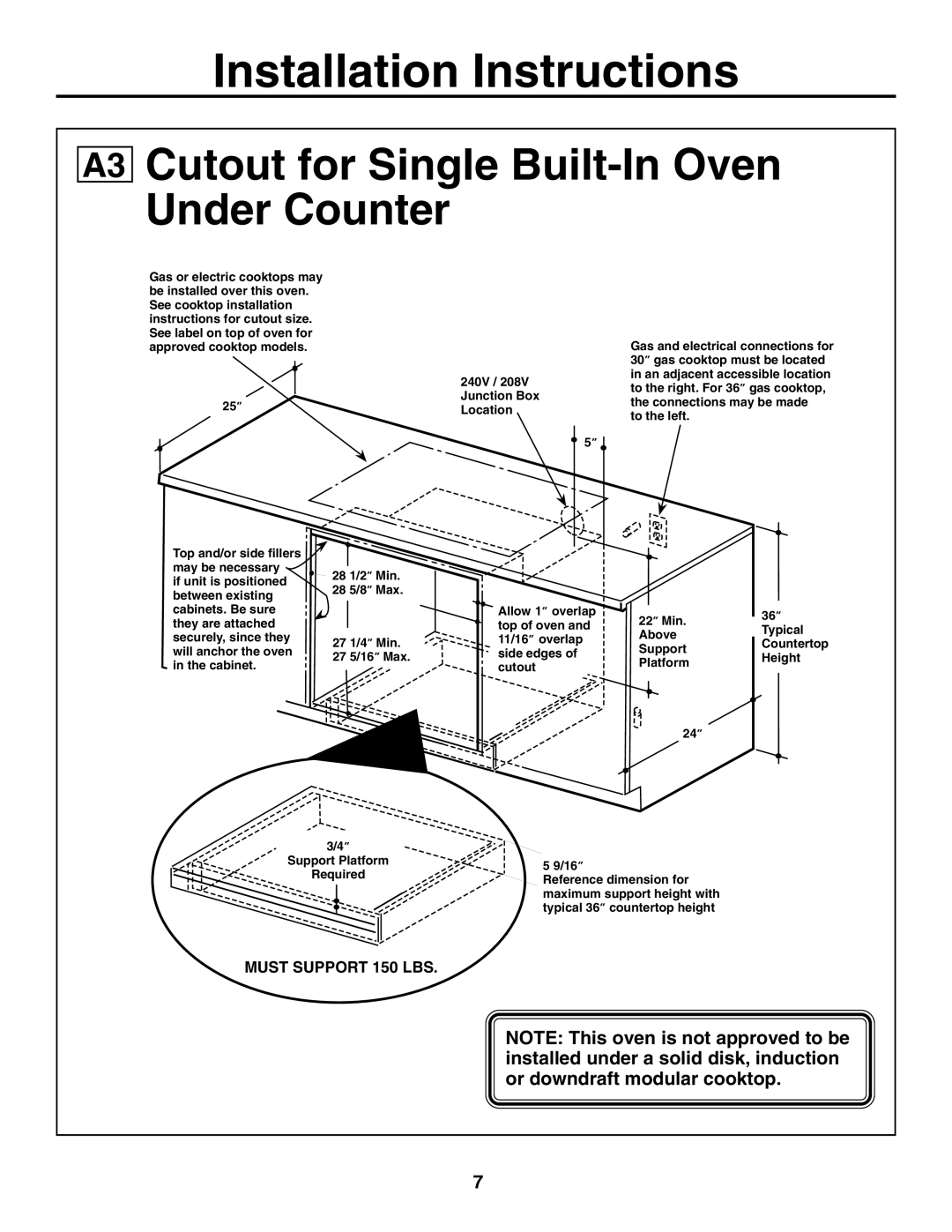 GE JTP20 installation instructions Cutout for Single Built-In Oven Under Counter, 240V / 208V Junction Box Location 