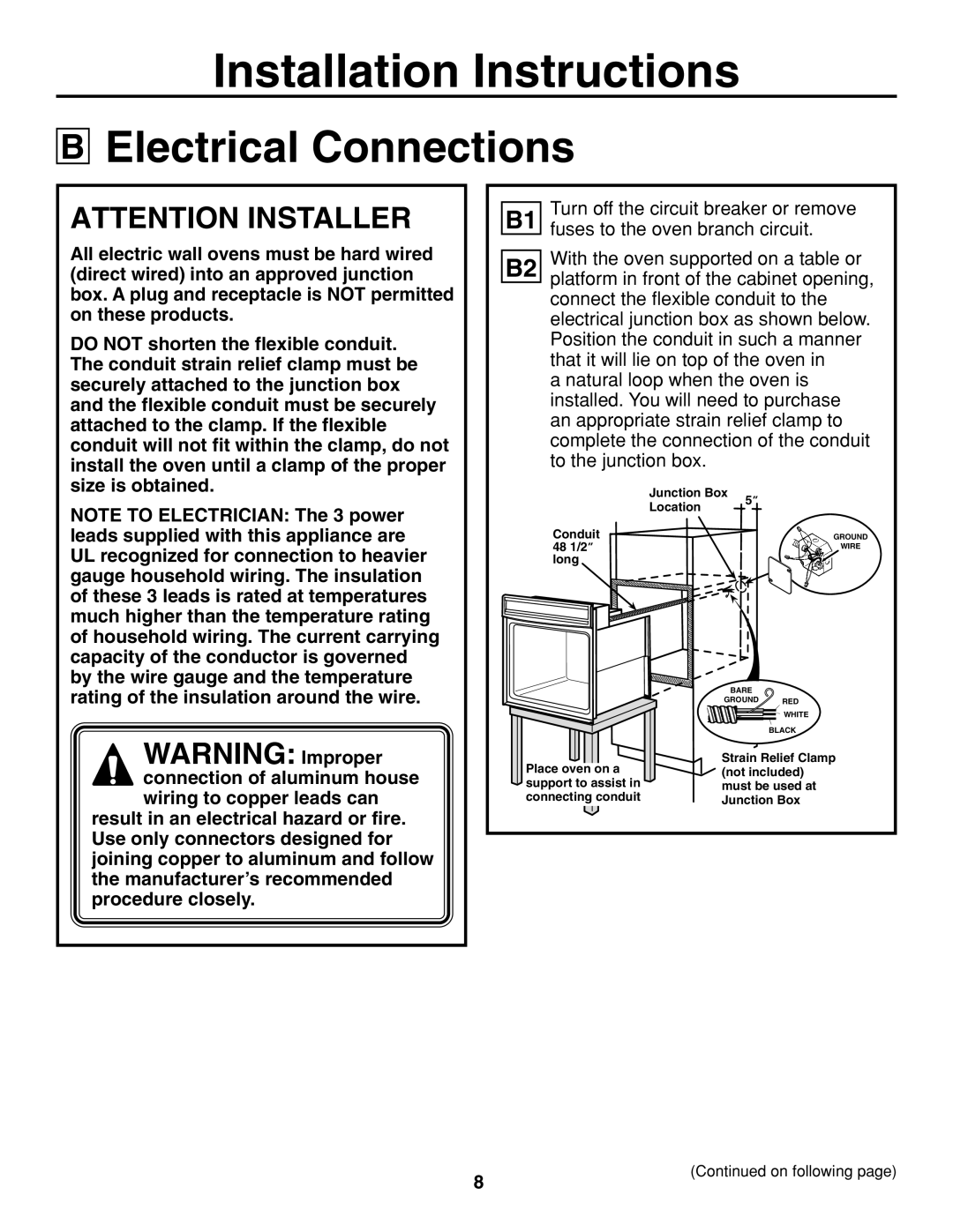 GE JTP20 installation instructions Electrical Connections, Conduit 48 1/2 Long 