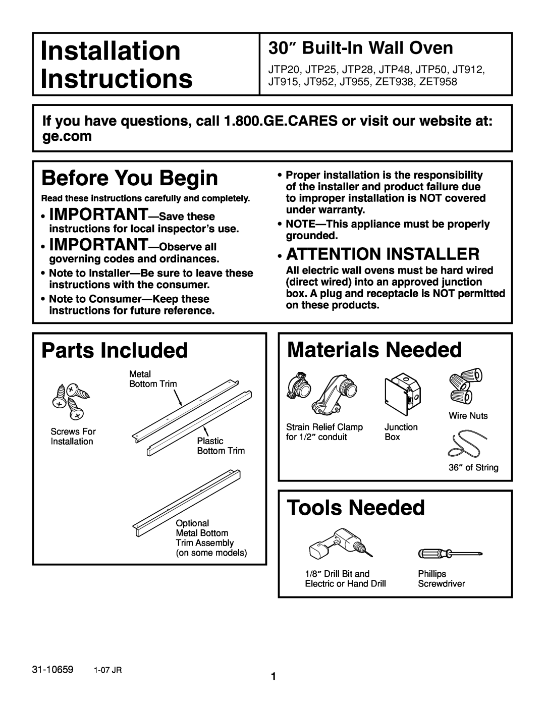 GE JTP20 installation instructions Installation, Instructions, Before You Begin, Parts Included, Materials Needed 