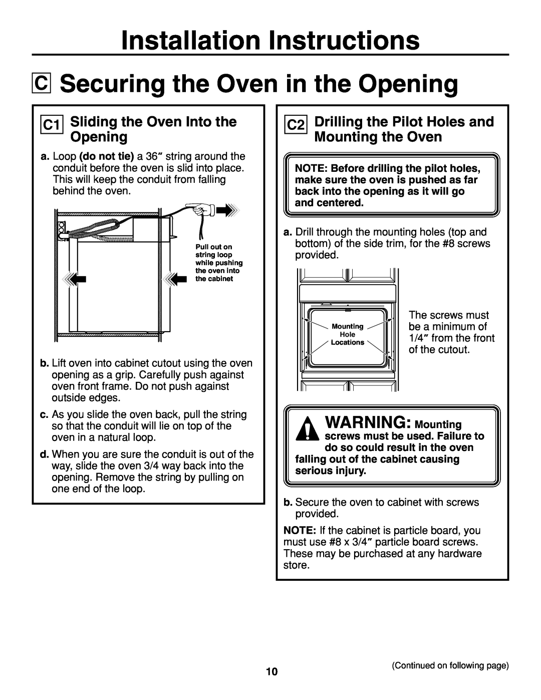 GE JTP20 installation instructions Securing the Oven in the Opening, WARNING Mounting, C1 Sliding the Oven Into the Opening 