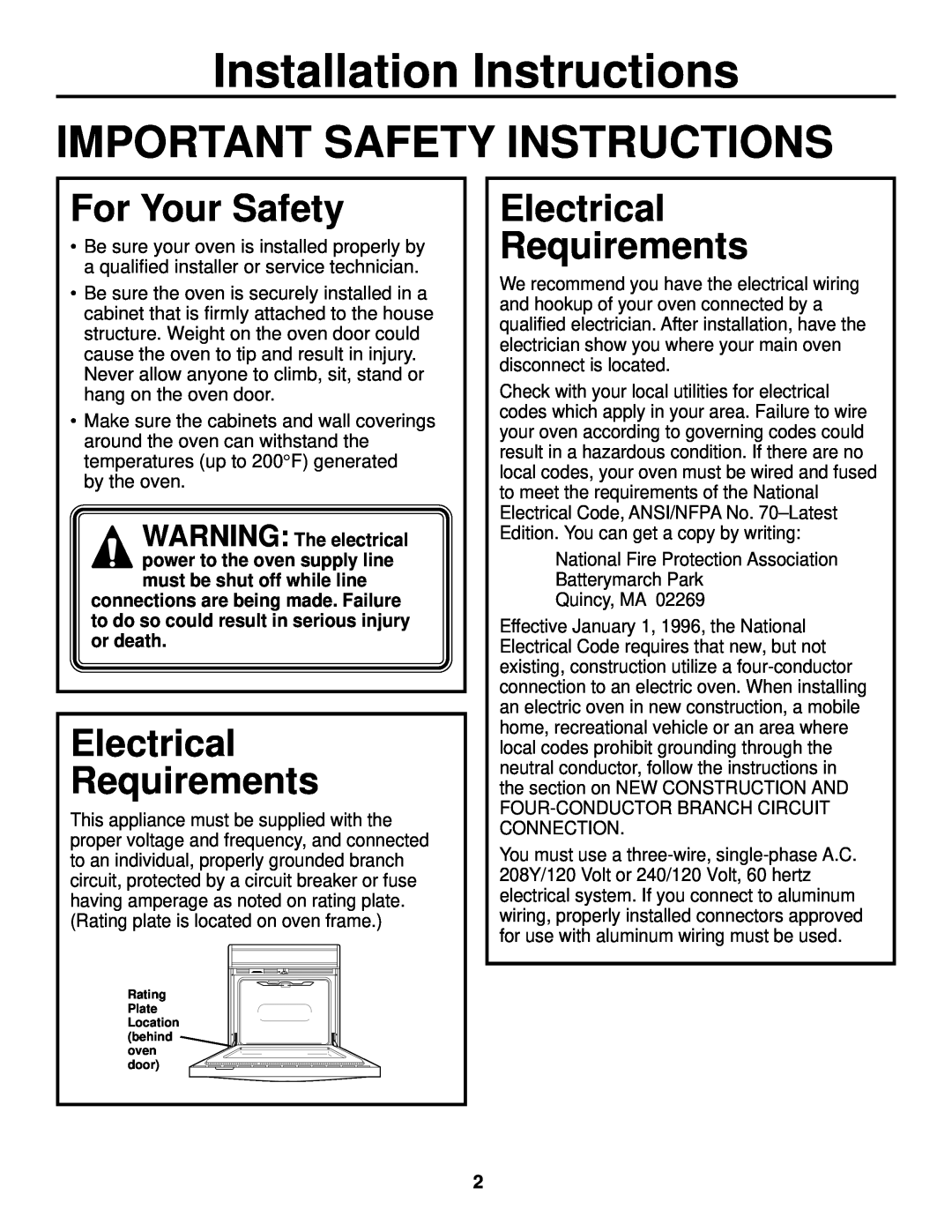 GE JTP20 Installation Instructions, Important Safety Instructions, For Your Safety, Electrical Requirements 