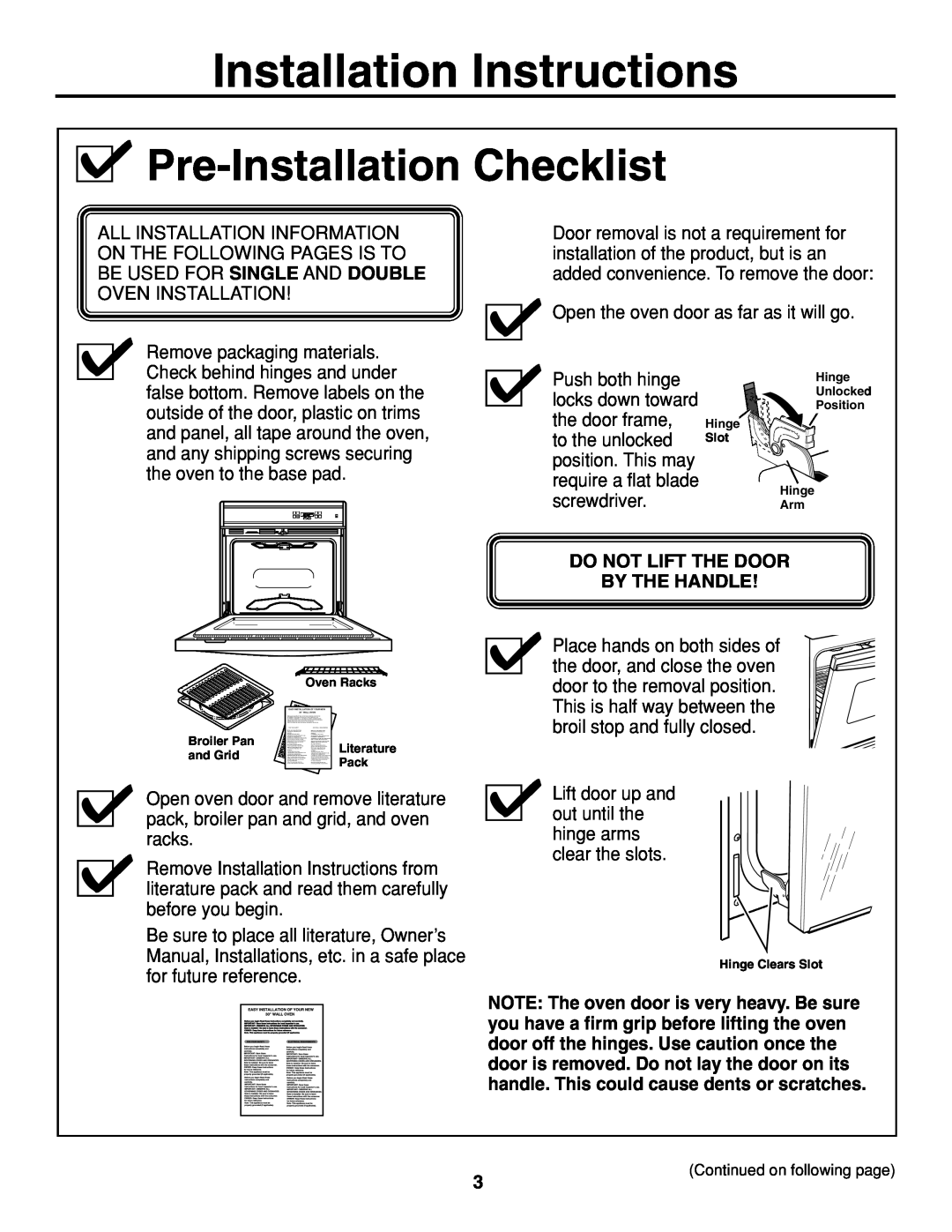 GE JTP20 Pre-Installation Checklist, Installation Instructions, Do Not Lift The Door By The Handle 