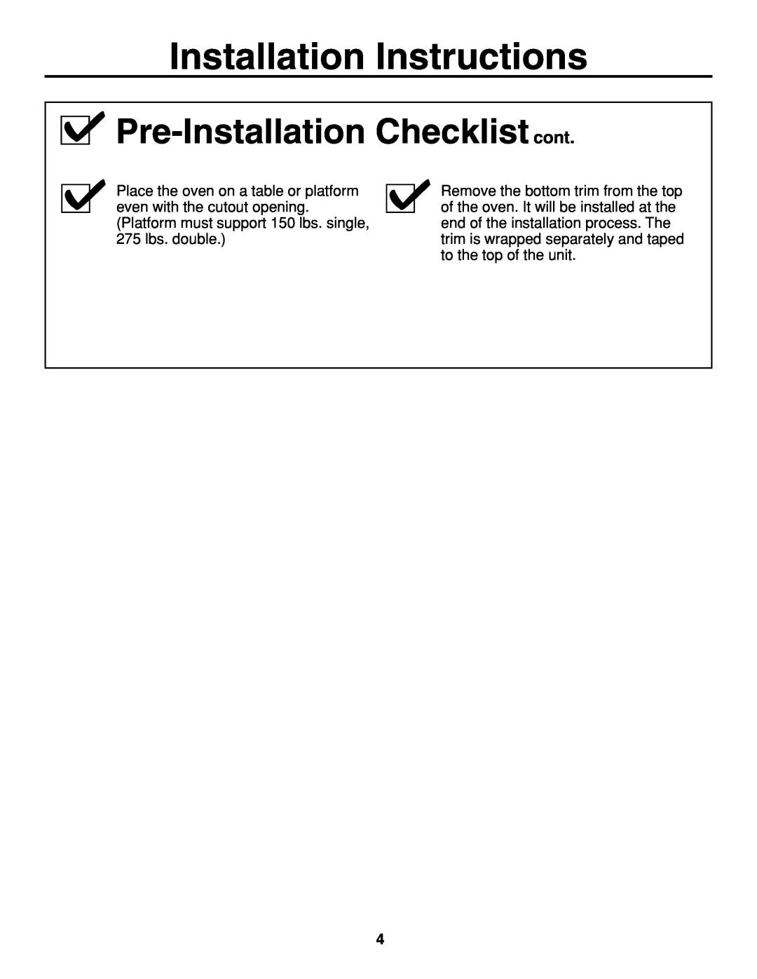 GE JTP20 installation instructions Pre-Installation Checklist cont, Installation Instructions 