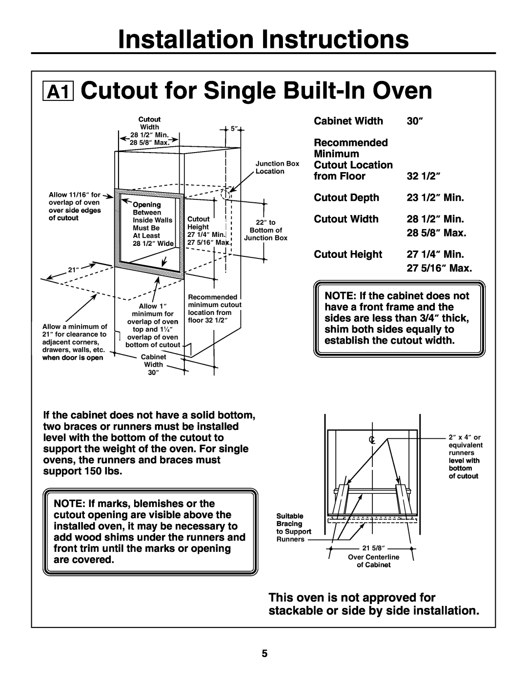 GE JTP20 installation instructions Cutout for Single Built-In Oven, Installation Instructions 