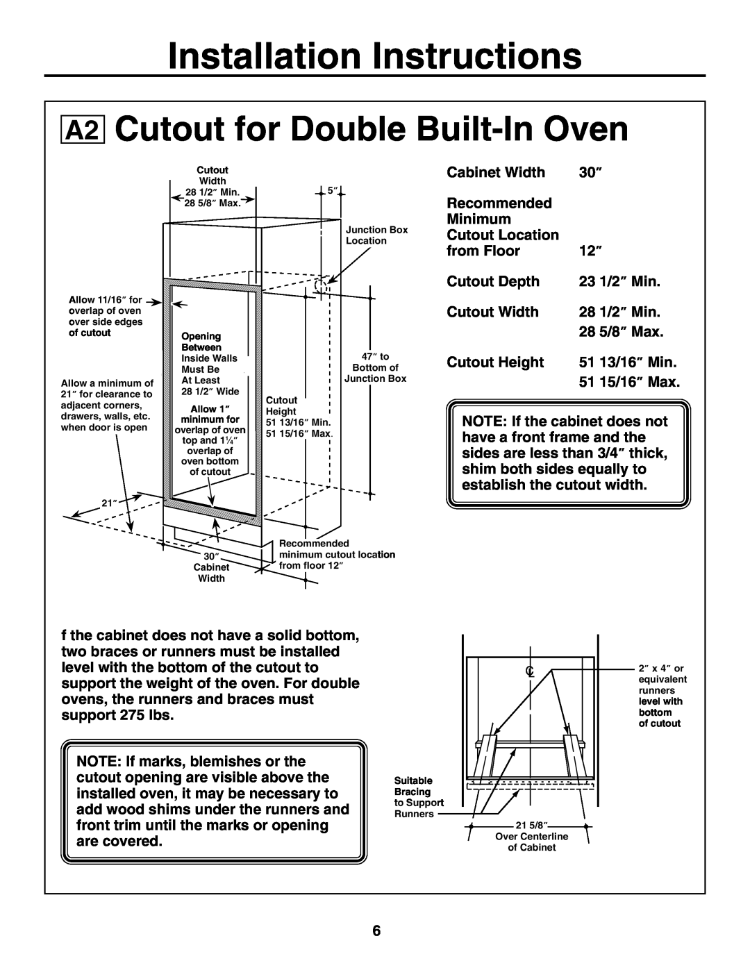 GE JTP20 installation instructions Cutout for Double Built-In Oven, Installation Instructions 