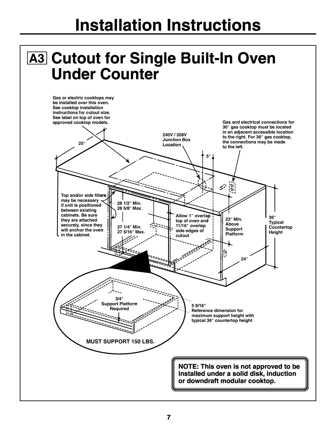 GE JTP20 Cutout for Single Built-In Oven Under Counter, Installation Instructions, MUST SUPPORT 150 LBS 