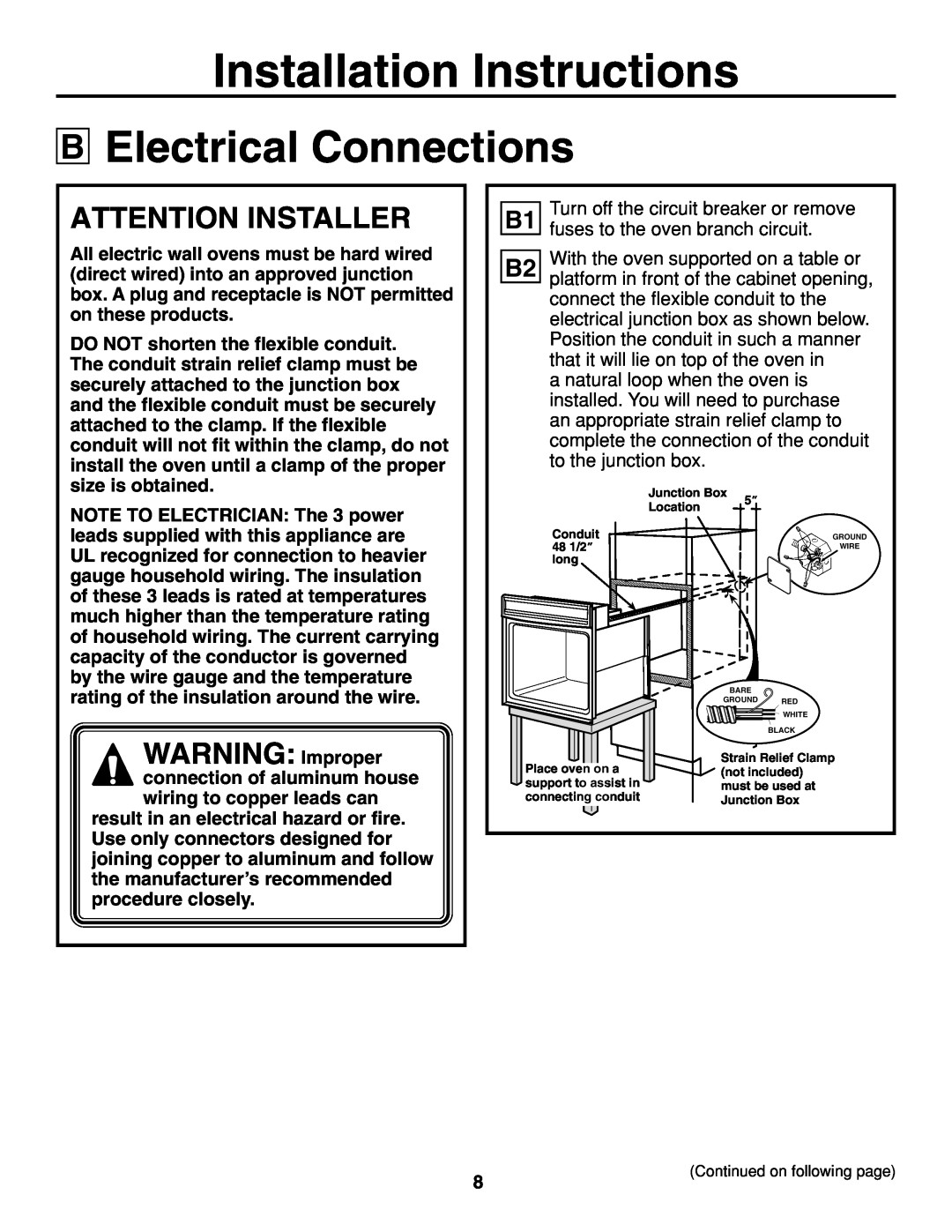 GE JTP20 installation instructions Electrical Connections, WARNING Improper, Installation Instructions, Attention Installer 