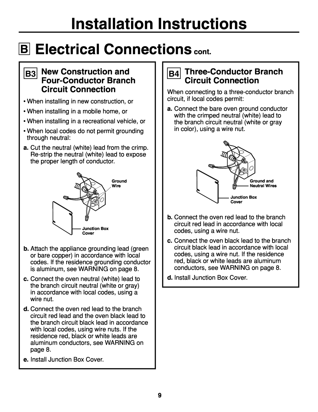 GE JTP20 Electrical Connections cont, B3 New Construction and Four-Conductor Branch Circuit Connection 