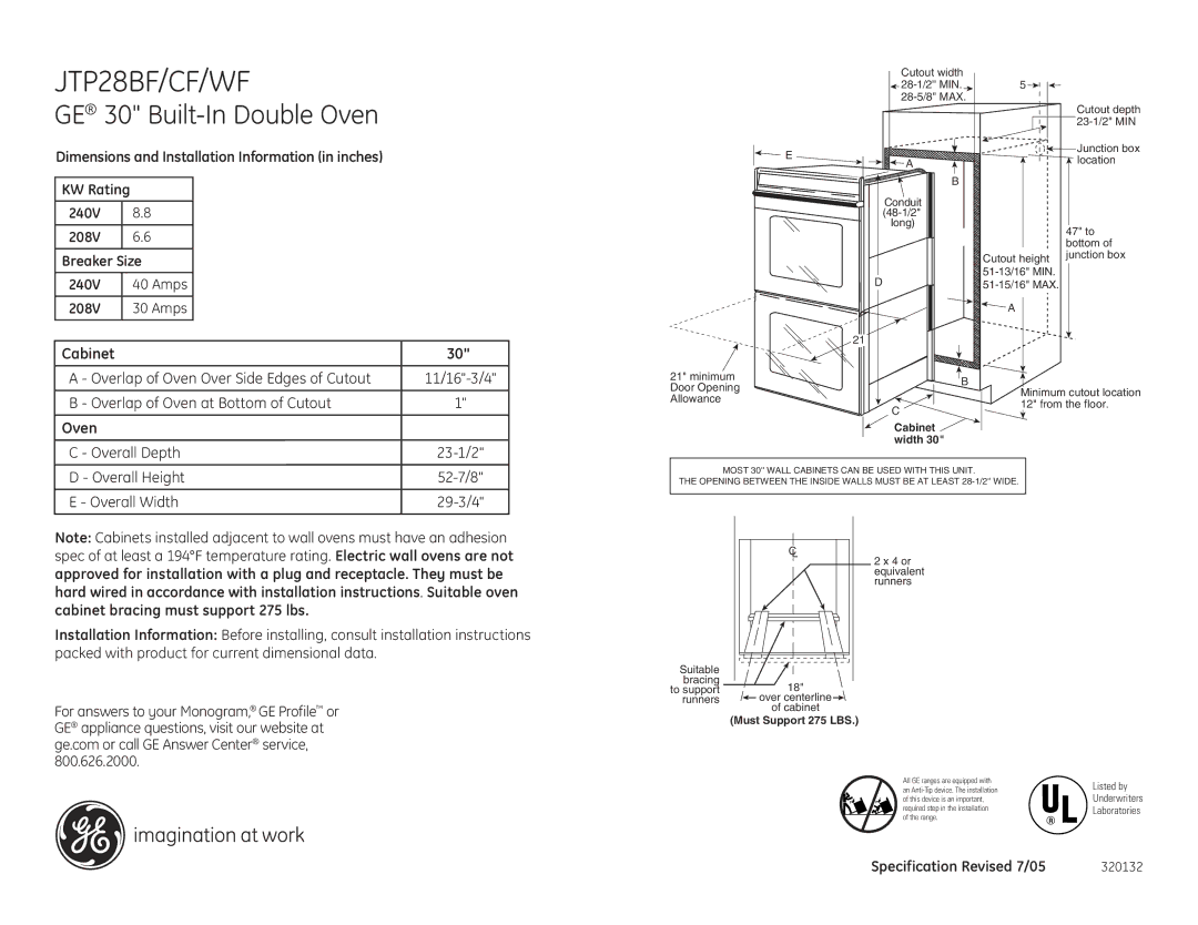 GE JTP28BF/CF/WF dimensions Amps, Overlap of Oven Over Side Edges of Cutout 11/16-3/4, 23-1/2, 29-3/4 