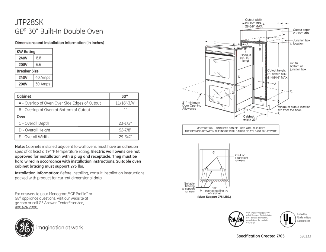 GE JTP28SK dimensions Amps, Overlap of Oven Over Side Edges of Cutout 11/16-3/4, 23-1/2, 29-3/4 