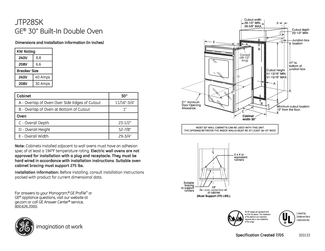 GE JTP28SK dimensions GE 30 Built-In Double Oven, Cabinet, B - Overlap of Oven at Bottom of Cutout, C - Overall Depth 