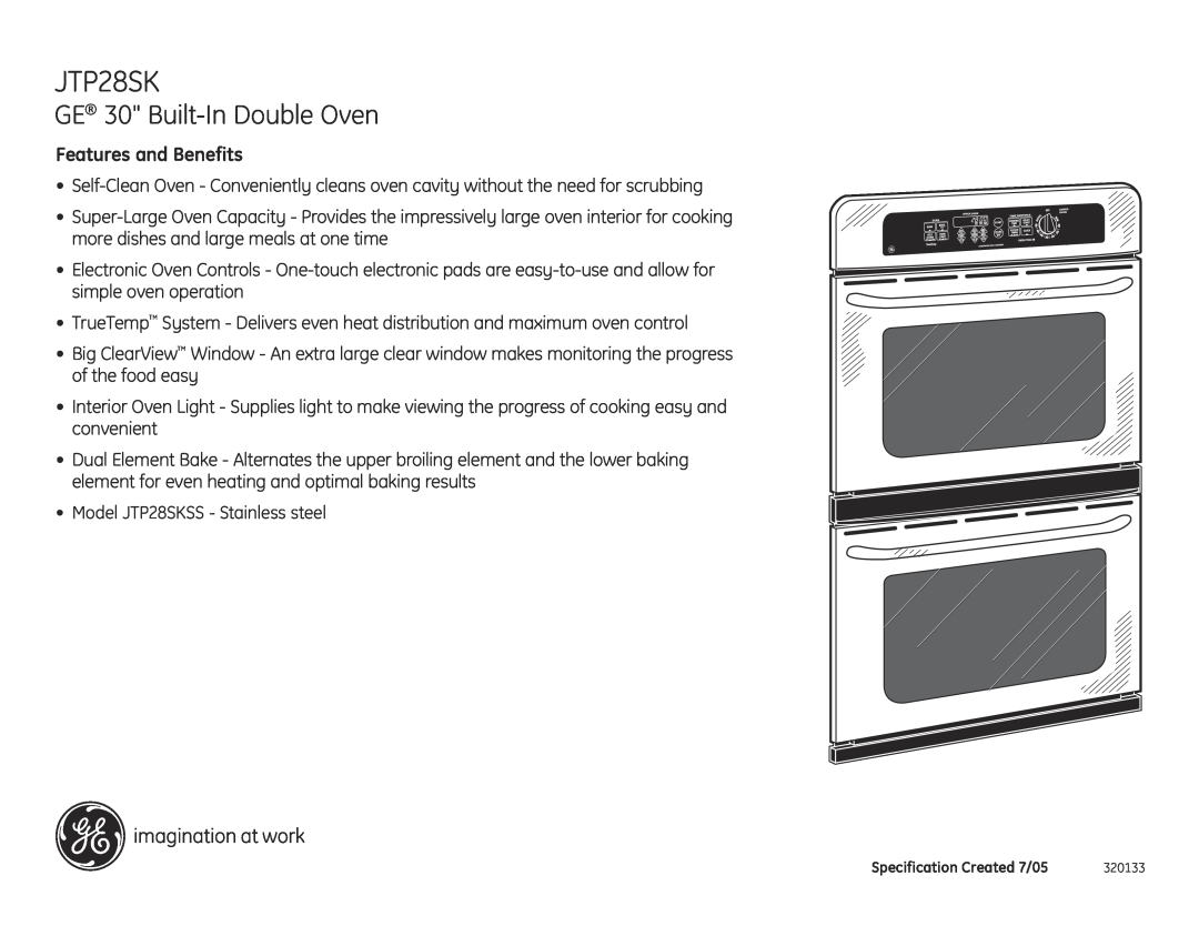 GE dimensions GE 30 Built-In Double Oven, Features and Benefits, Model JTP28SKSS - Stainless steel 