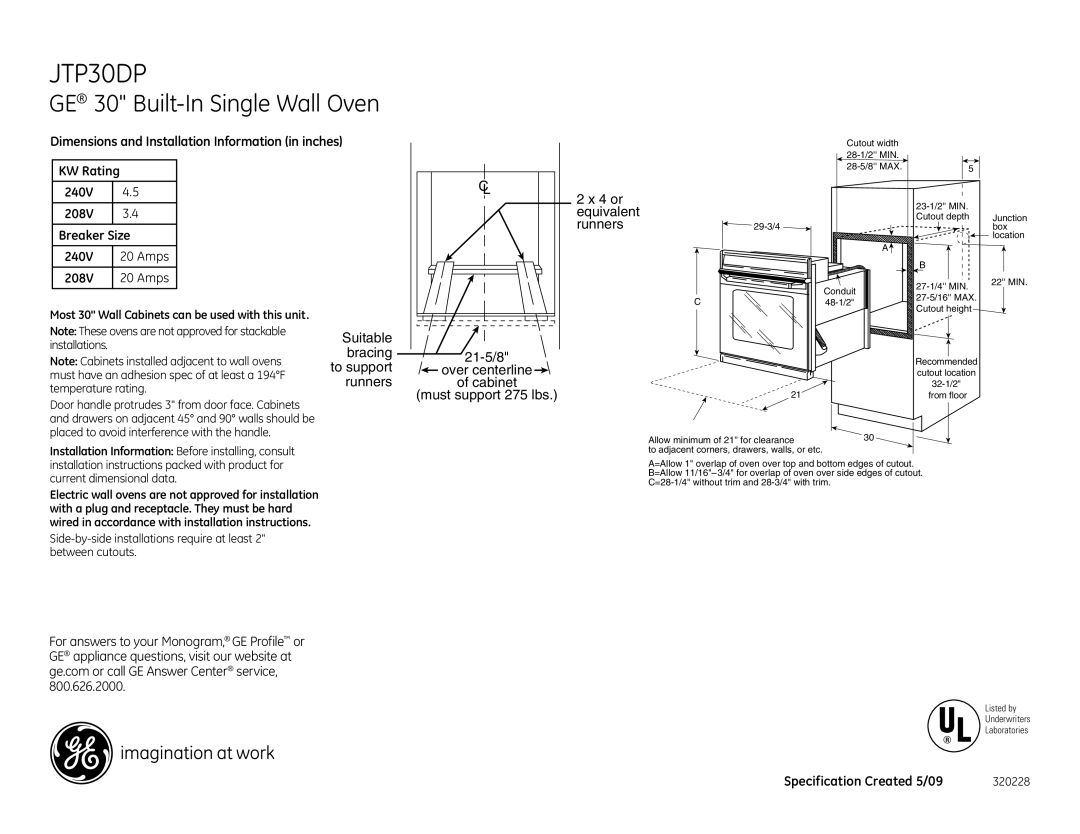 GE JTP30DPCC, JTP30DPBB, JTP30DPWW dimensions or equivalent runners, Suitable, Bracing, Runners 