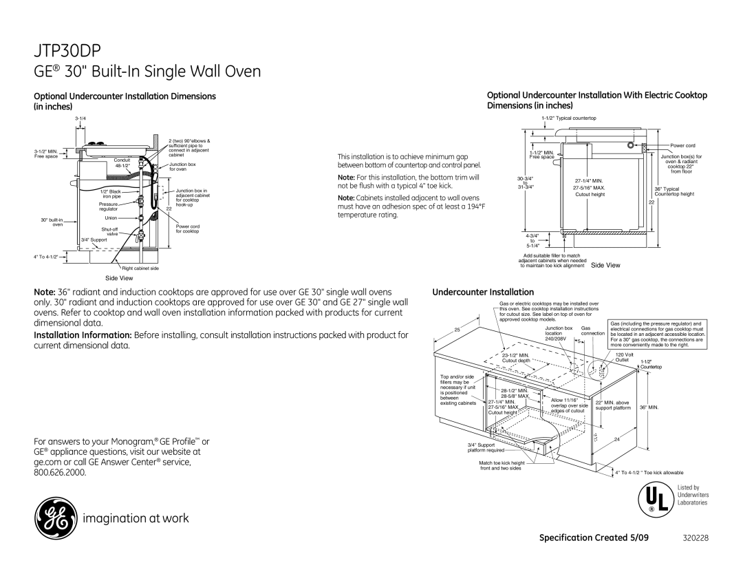 GE JTP30DPBB, JTP30DPCC, JTP30DPWW dimensions Undercounter Installation 