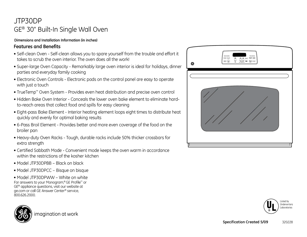 GE JTP30DPWW, JTP30DPCC, JTP30DPBB dimensions Features and Benefits 