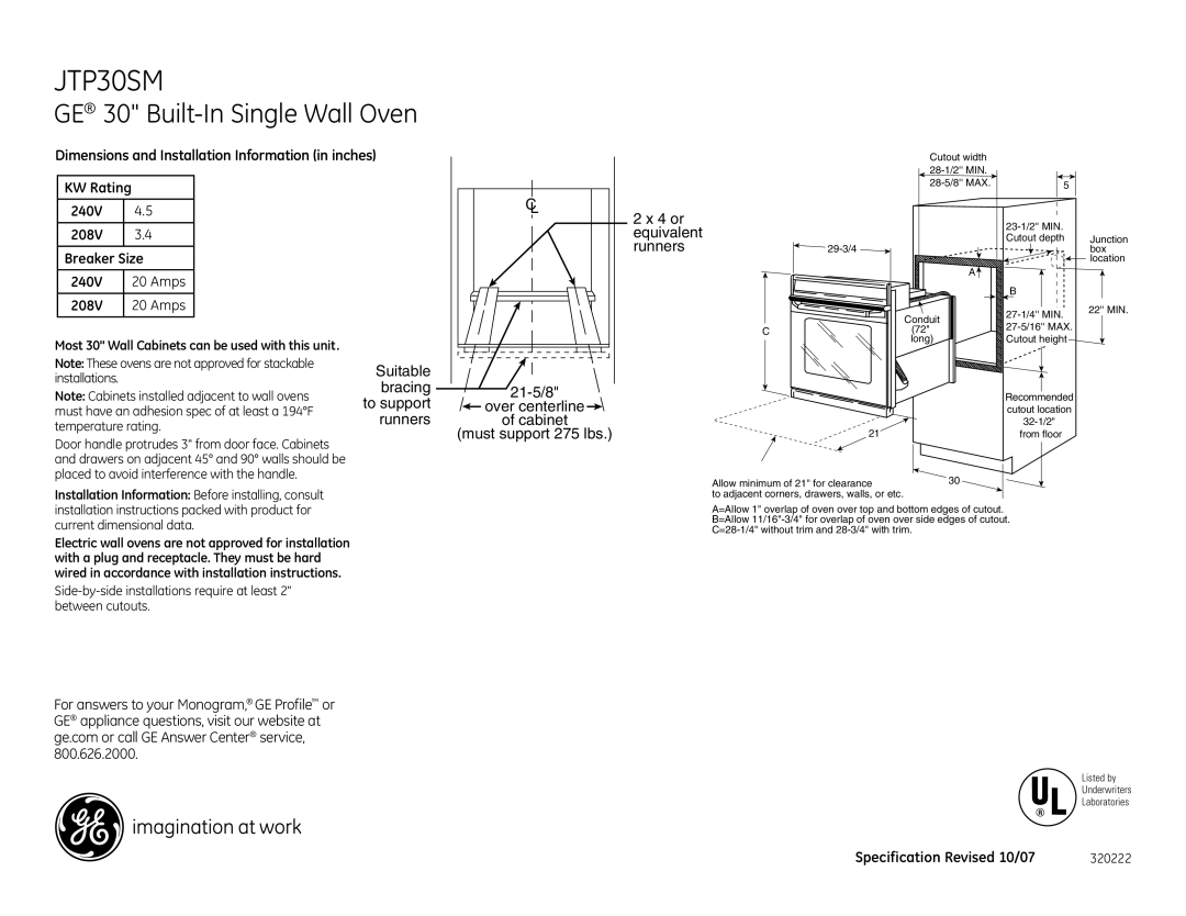 GE JTP30SM dimensions Installation Information Before installing, consult, With a plug and receptacle. They must be hard 