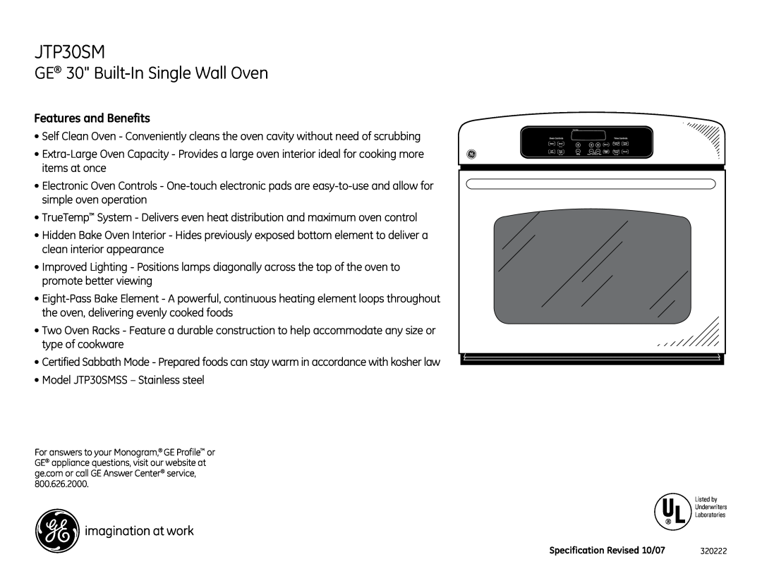 GE JTP30SM dimensions GE 30 Built-InSingle Wall Oven, Features and Benefits 
