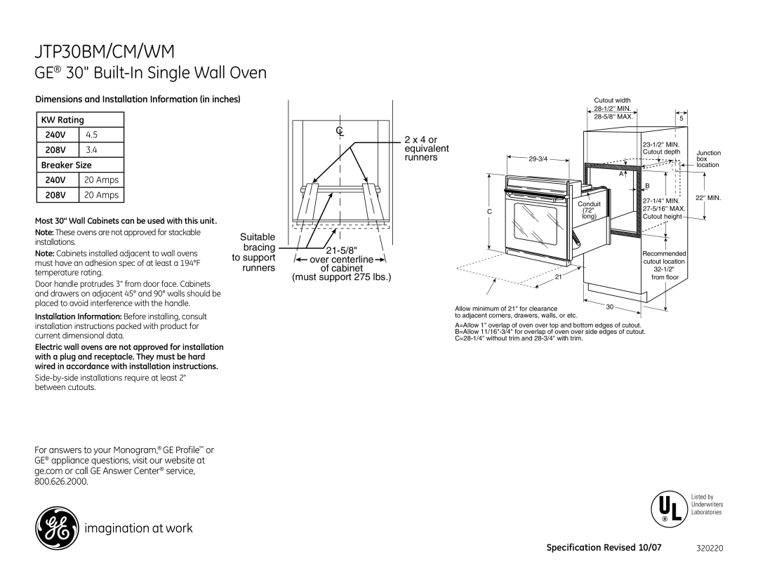 GE JTP30BM dimensions Installation Information Before installing, consult, With a plug and receptacle. They must be hard 