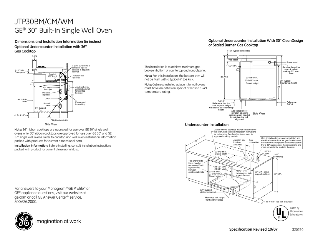 GE JTP30CM, JTP30WM, JTP30BM dimensions GE 30 Built-In Single Wall Oven 