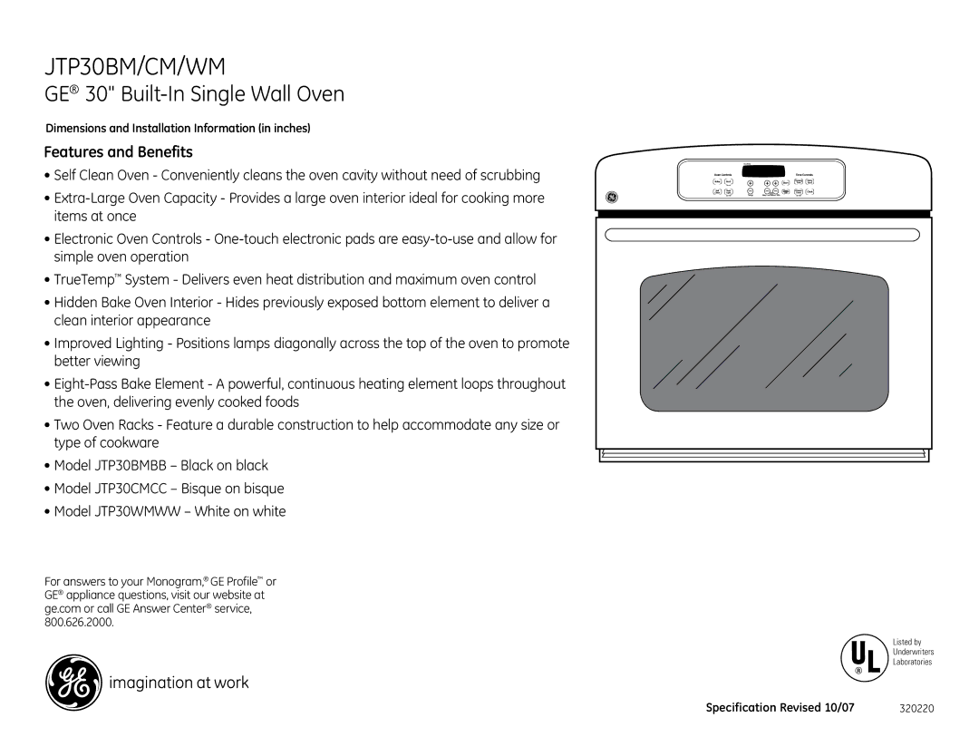 GE JTP30WM, JTP30BM, JTP30CM dimensions Features and Benefits 