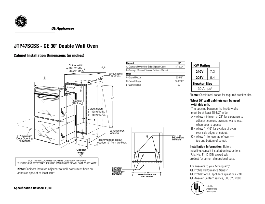 GE dimensions JTP47SCSS GE 30 Double Wall Oven, Cabinet Installation Dimensions in inches, Adhesion spec of at least 