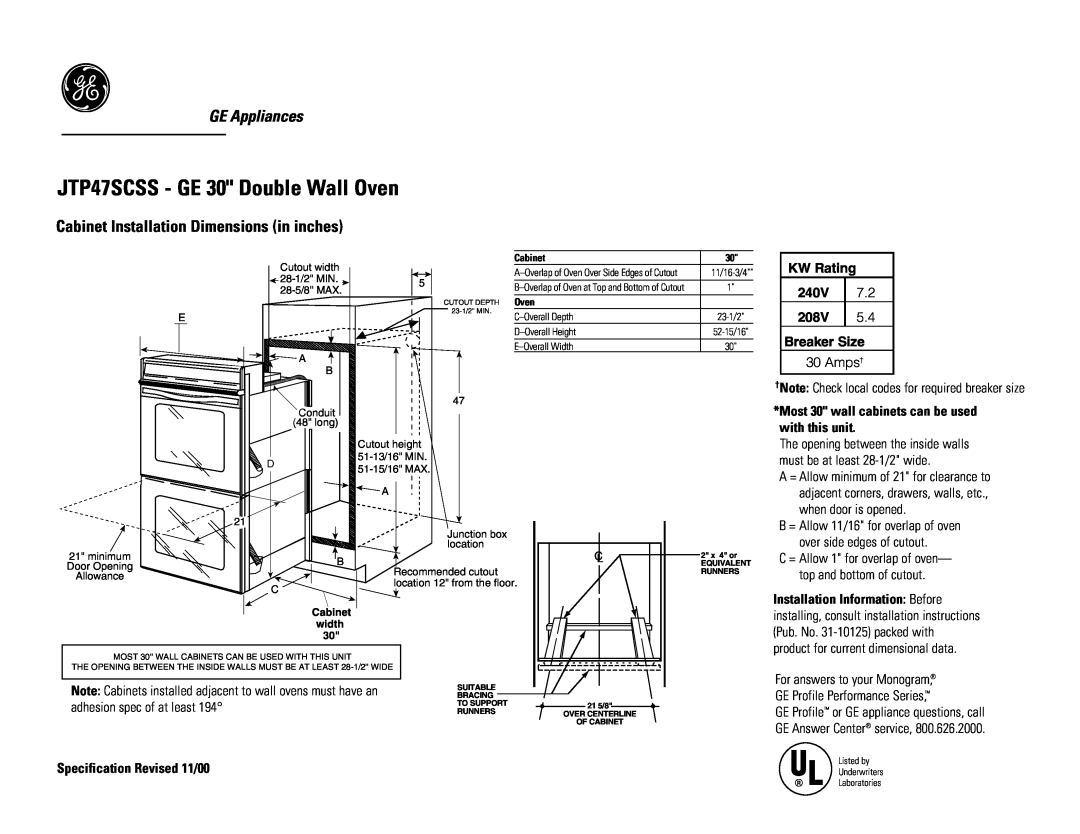 GE dimensions JTP47SCSS - GE 30 Double Wall Oven, GE Appliances, Cabinet Installation Dimensions in inches 