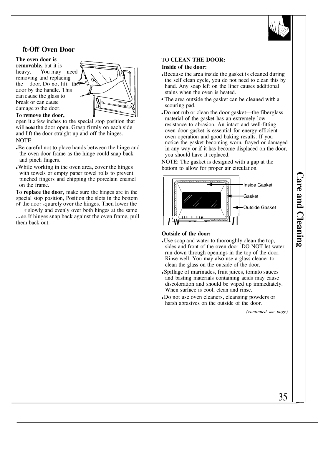 GE 164D2966P087, JTP54, JTP55 It-Off Oven Door, Oven door is Removable, but it is, To remove the door, Inside of the door 