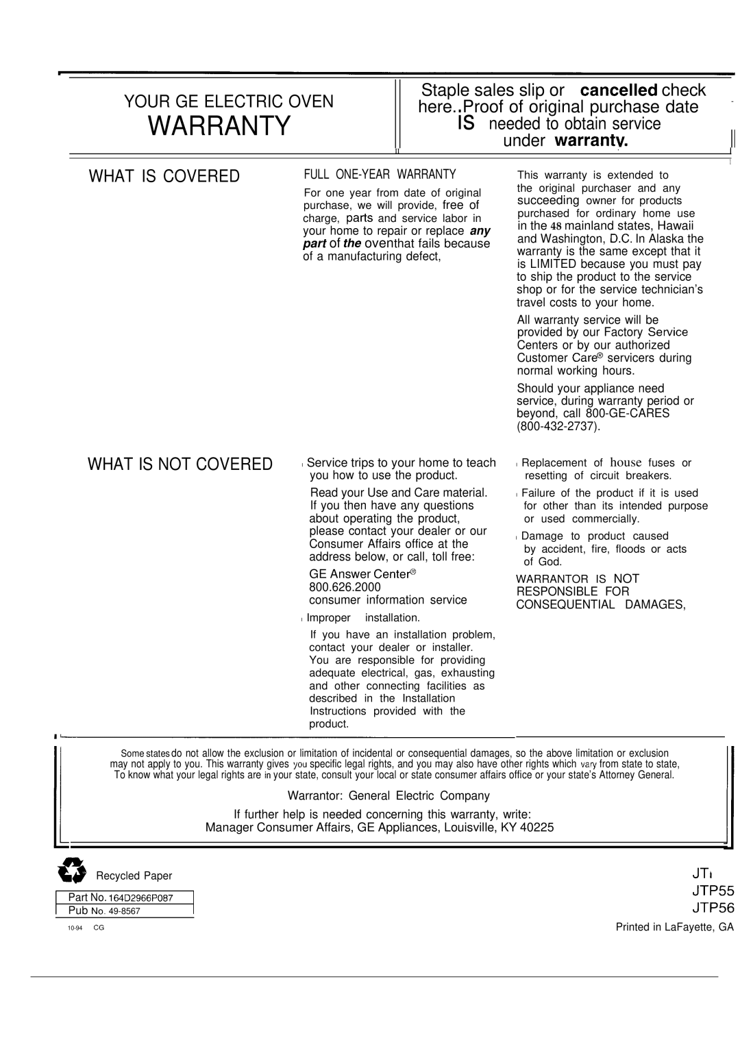 GE JTP55, JTP54, 164D2966P087 warranty Warranty 