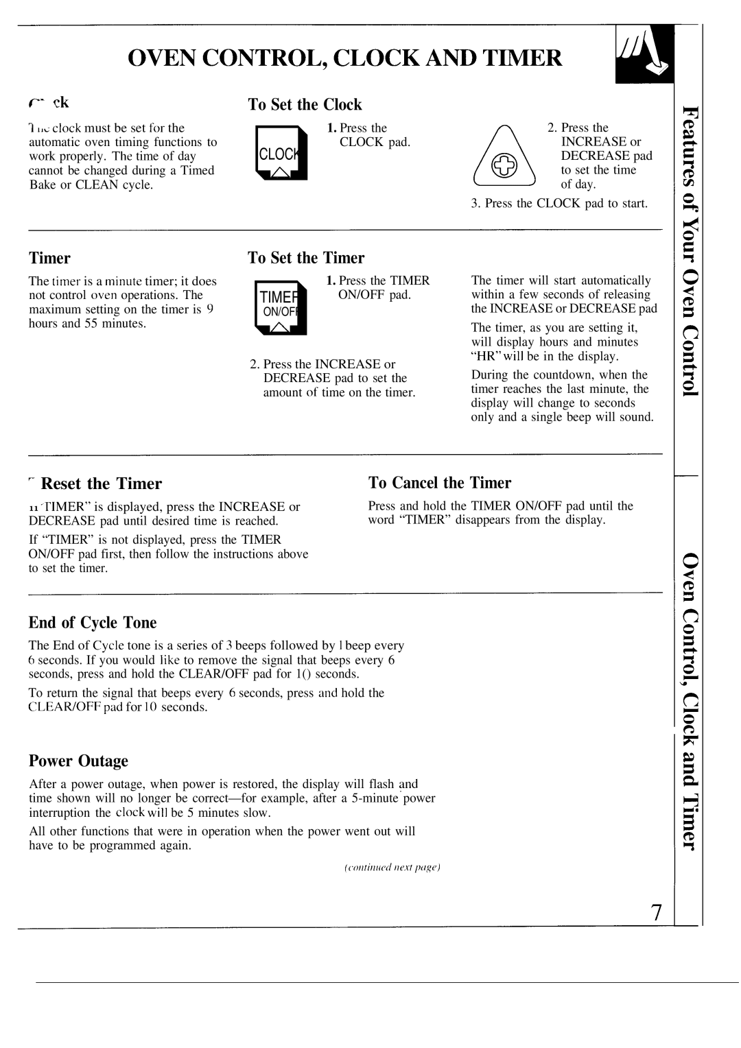 GE JTP55 To Set the Clock, To Set the Timer, Reset the Timer, End of Cycle Tone To Cancel the Timer, Power Outage 