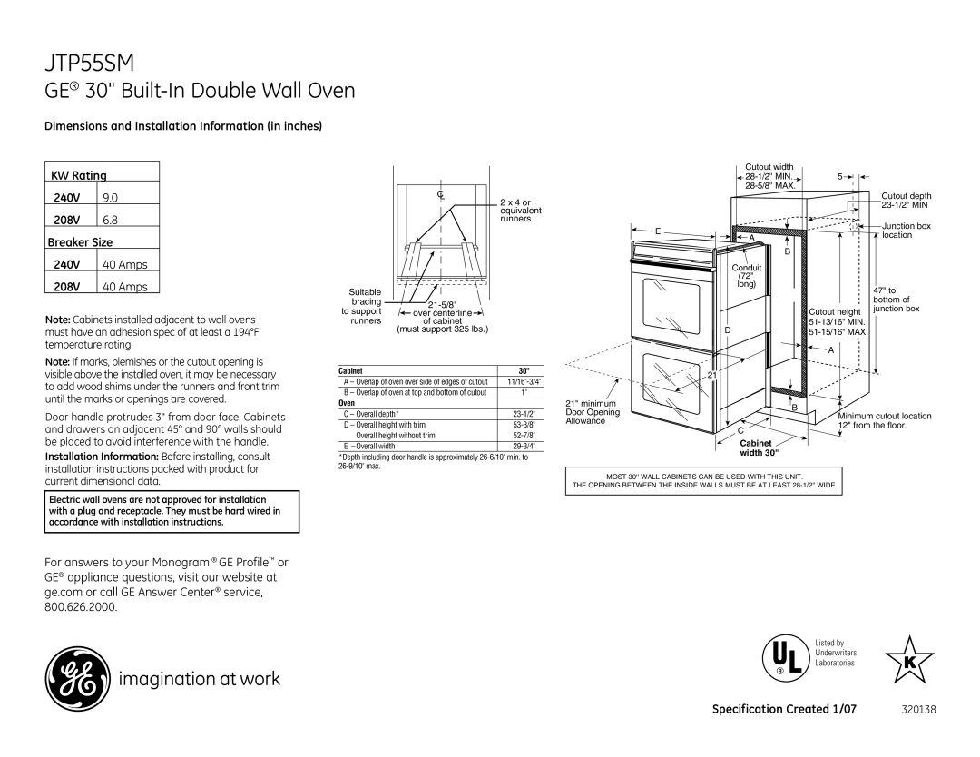 GE JTP55SM dimensions GE 30 Built-In Double Wall Oven, Installation Information Before installing, consult 