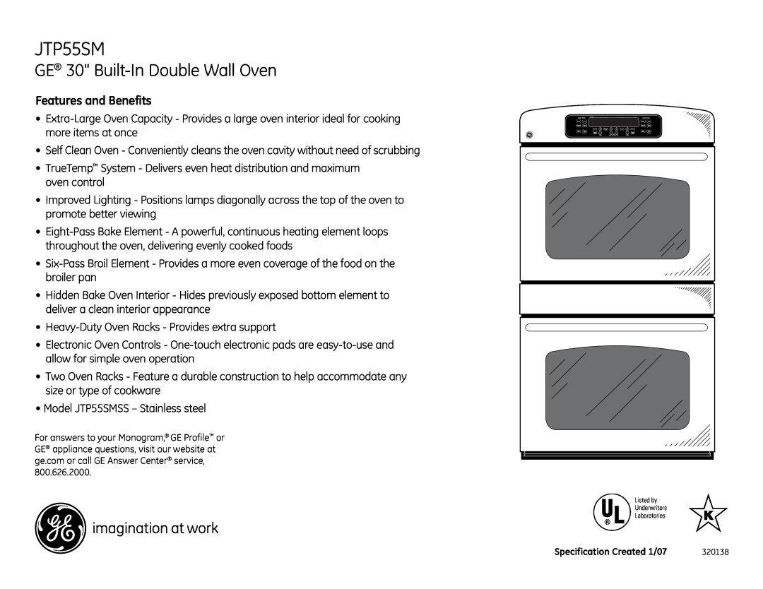 GE JTP55SM dimensions GE 30 Built-In Double Wall Oven, Features and Benefits 