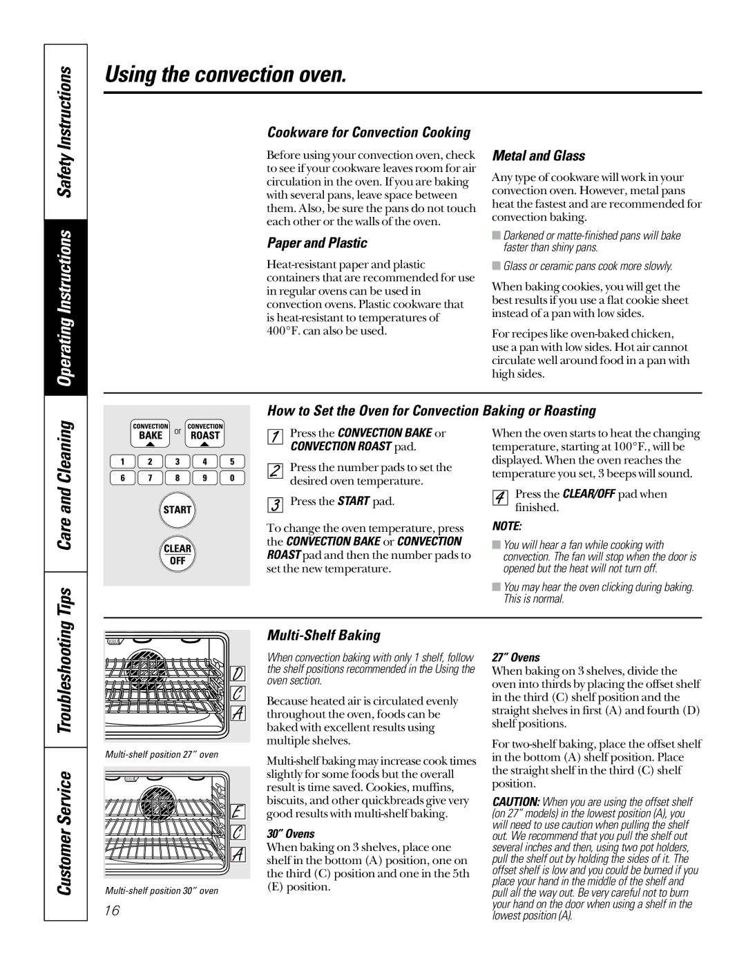 GE jk910 Paper and Plastic, Metal and Glass, How to Set the Oven for Convection Baking or Roasting, Multi-Shelf Baking 