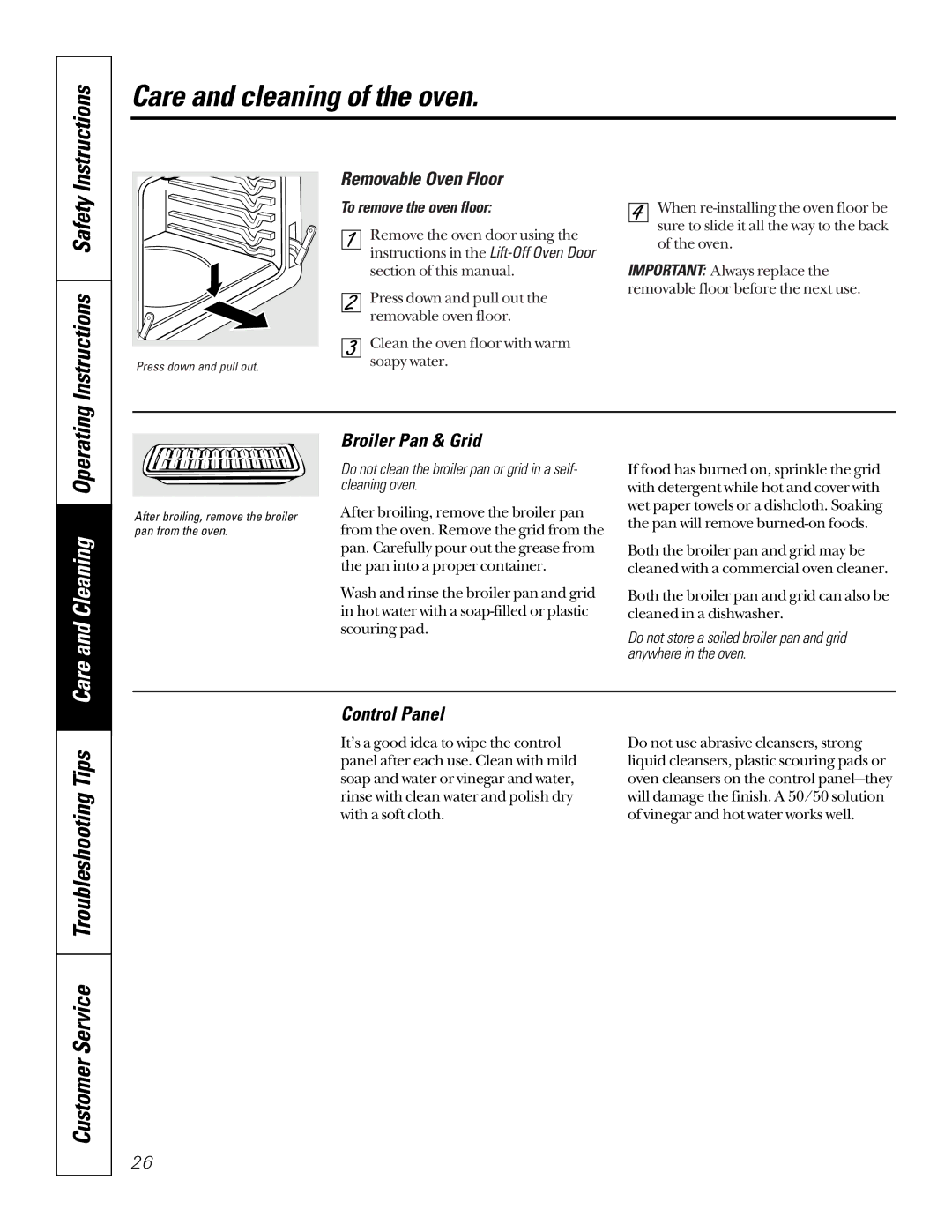 GE JT950SASS, jt950 Instructions Safety, Customer Service Troubleshooting Tips, Removable Oven Floor, Broiler Pan & Grid 