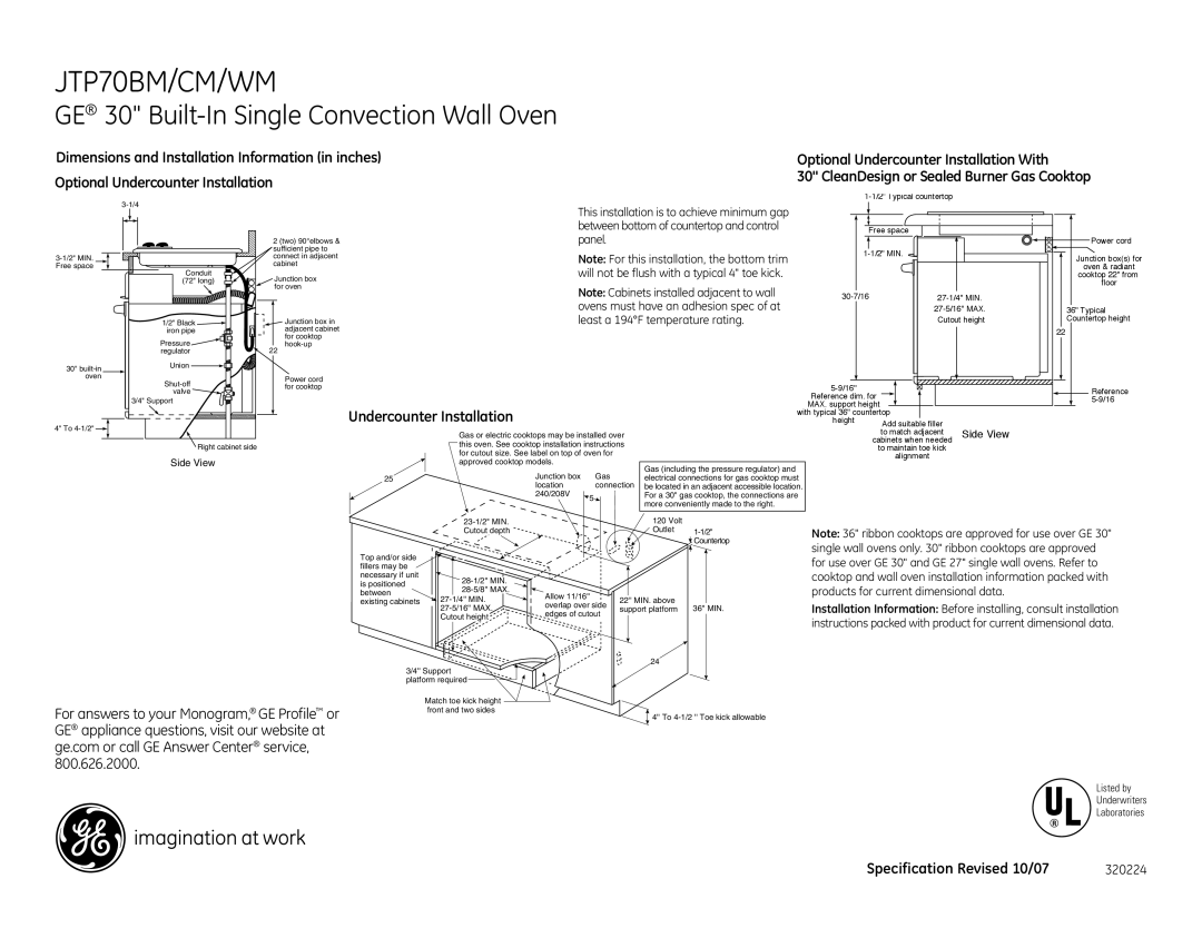 GE JTP70WM, JTP70BM, JTP70CM dimensions Undercounter Installation 