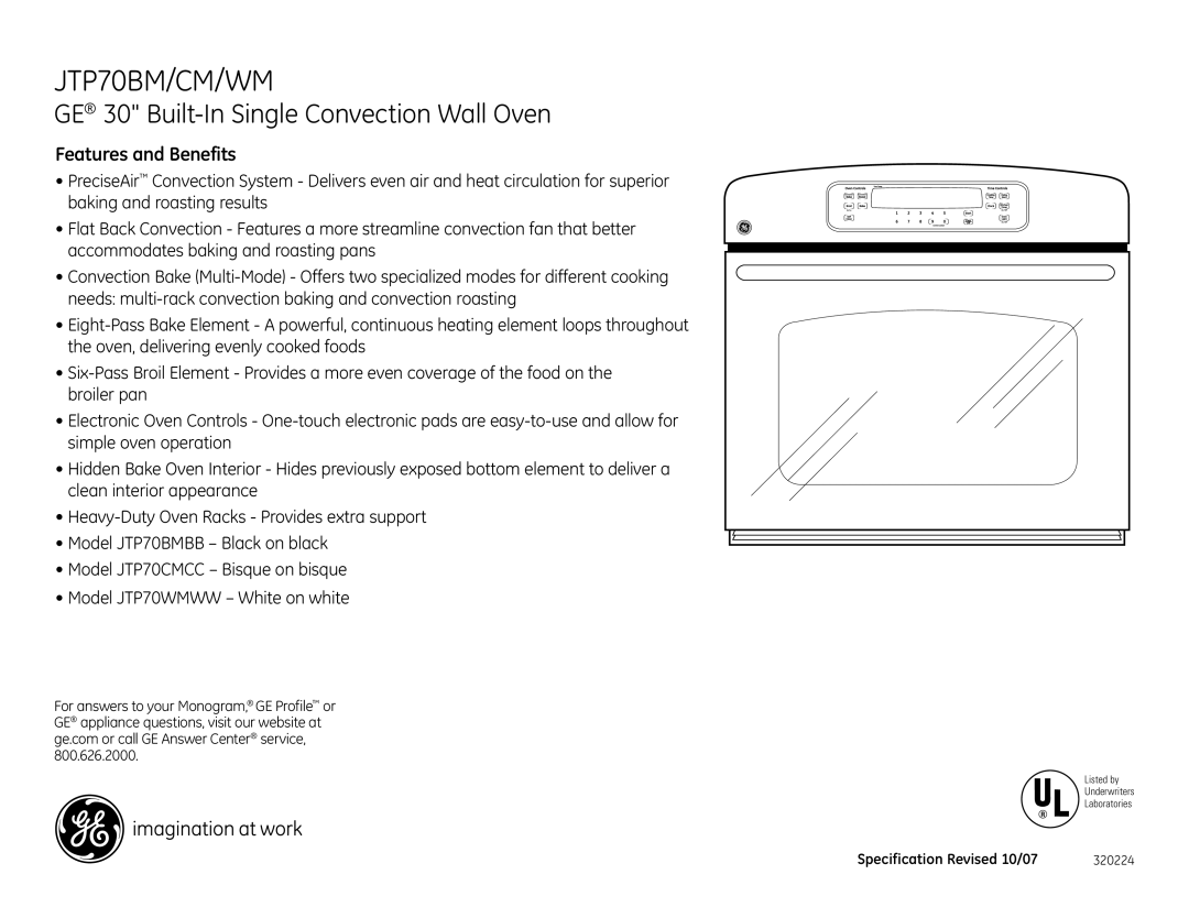 GE JTP70BM, JTP70CM, JTP70WM dimensions Features and Benefits 